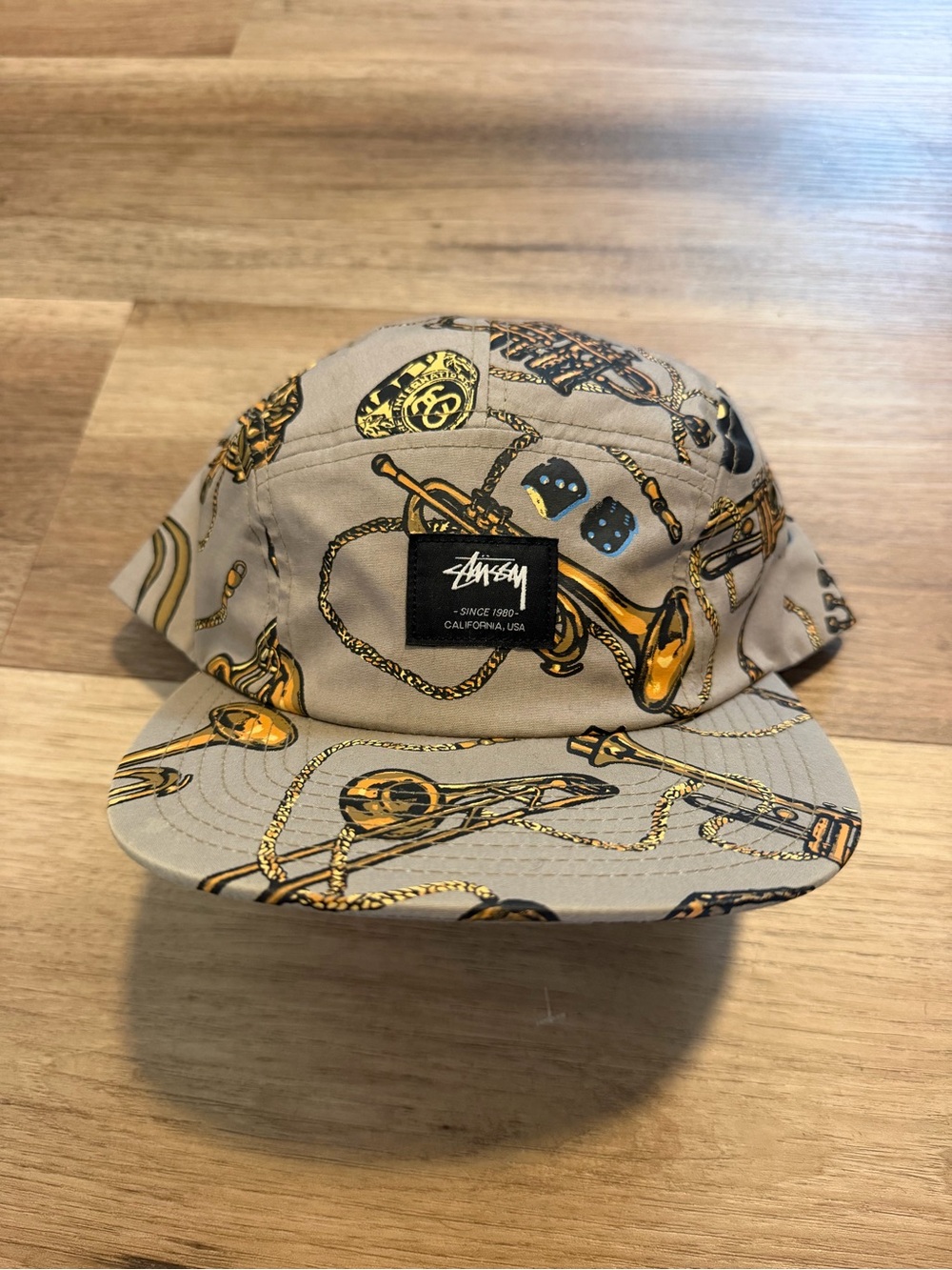Stussy 8 Ball Trumpet Dice 5 Panel Strapback Hat Gray Gold All Over Print Cap
